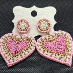 Beaded Pink and White Dangle Earrings